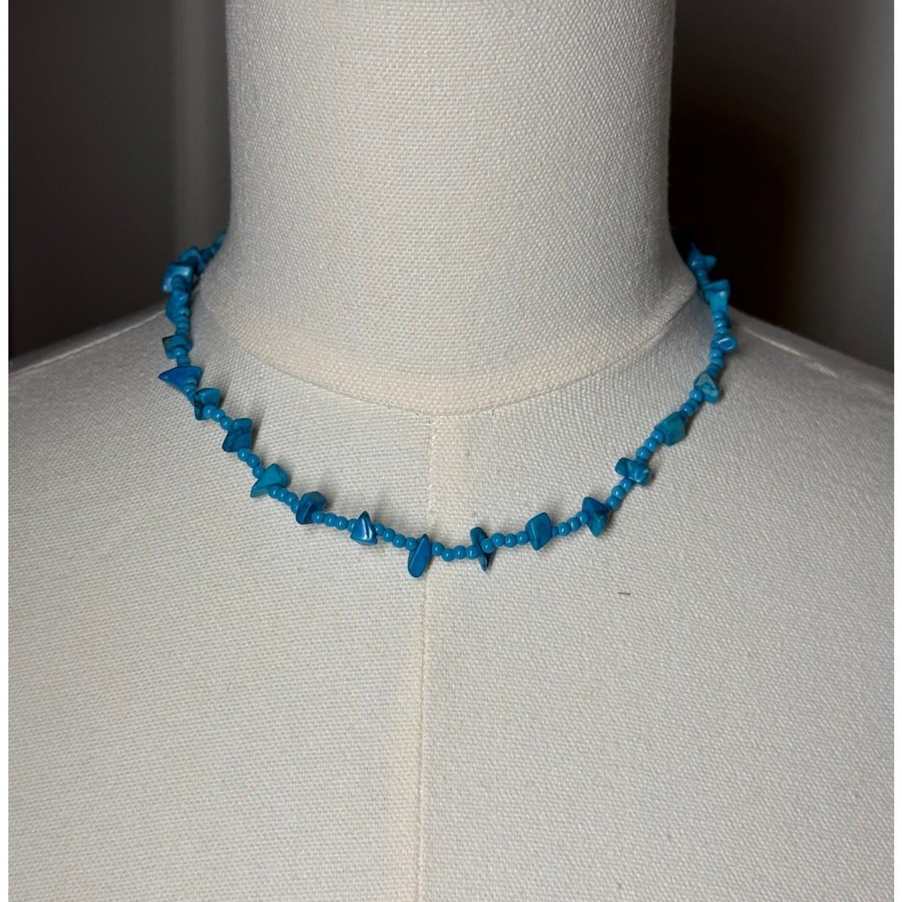 Blue Turqouise Chip Necklace Southwest Boho Style Barrel Clasp‎ 16" choker